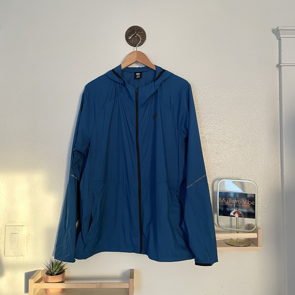 REI Co-op Windbreaker Full Zip Lightweight Hooded Running Jacket‎ Blue Size XL
